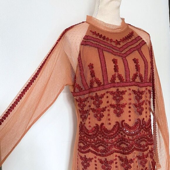 SUNDANCE JOURDAN BURGUNDY PEACH BEADED SEQUIN SHEER TOP - M - Picture 4 of 9